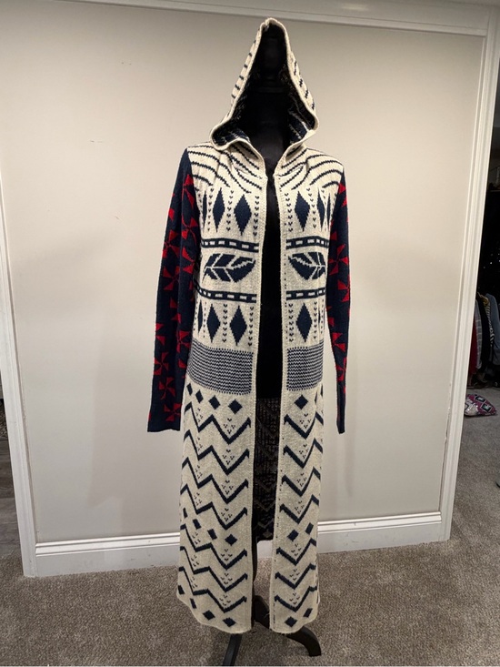 Source Unknown Sweaters - Hooded Knit Long Cardigan - Cream, Navy & Red